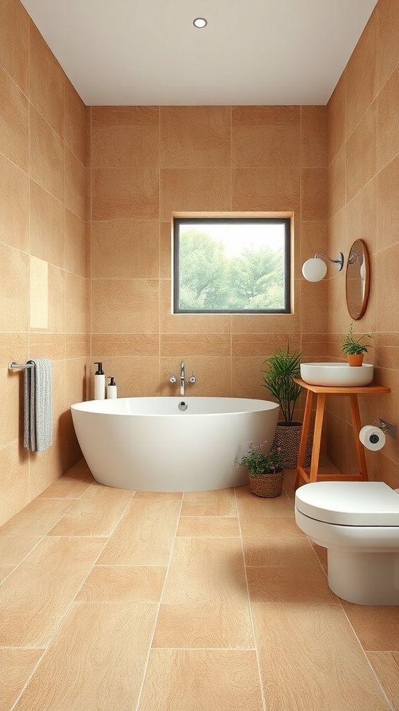 A modern bathroom featuring cork flooring, a white bathtub, and warm-toned walls.