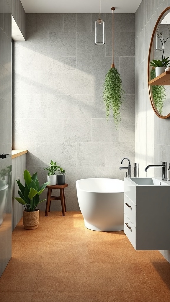 Modern bathroom featuring cork flooring, plants, and sleek fixtures.