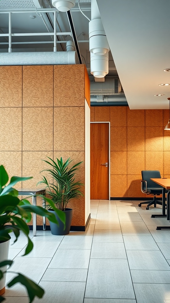 Interior view showcasing cork wall panels in a modern office setting.
