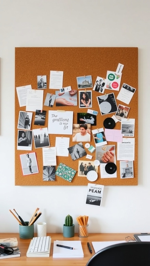 A corkboard collage filled with photos, notes, and mementos, showcasing a personal and creative display.