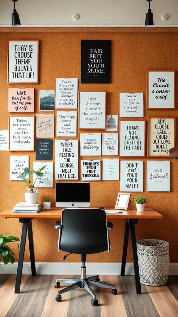 A corkboard wall with various framed quotes and art pieces, featuring a warm orange background and a desk with a computer.
