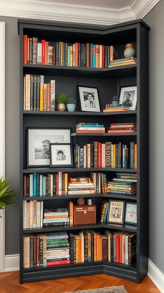 A stylish corner bookshelf filled with books, framed photos, and plants.