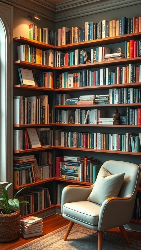 Cozy corner bookshelf nook with a chair and warm lighting