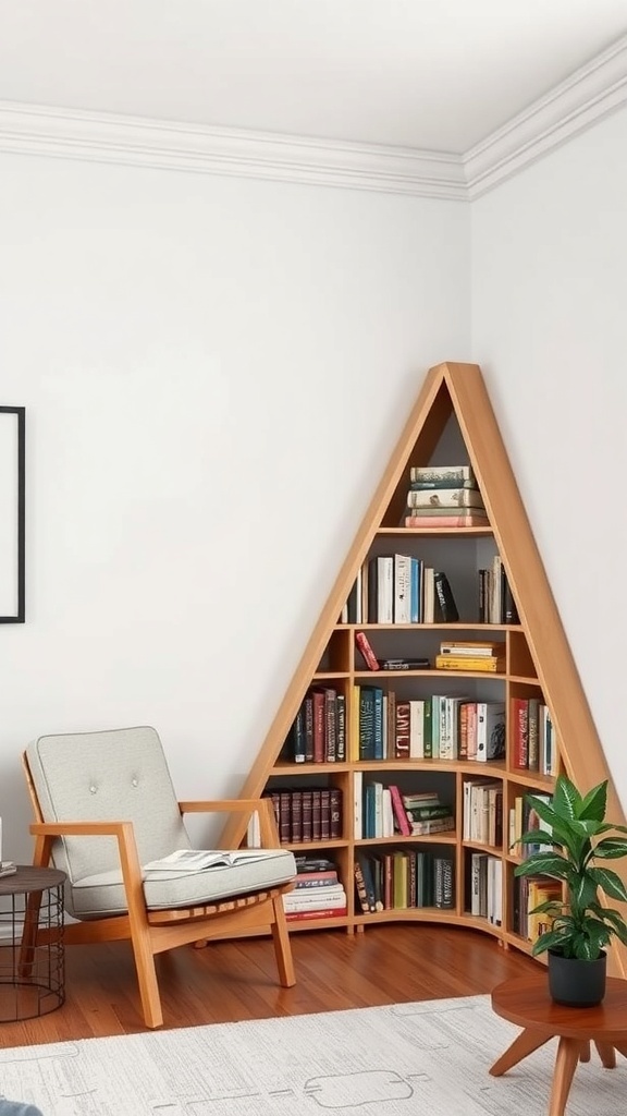 A cozy corner bookshelf nook featuring a triangular wooden bookshelf, a comfortable chair, and a small plant.