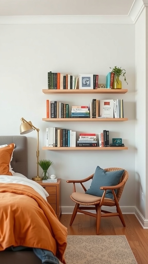 Cozy corner bookshelf nook with floating shelves displaying books, a chair, and decorative items.