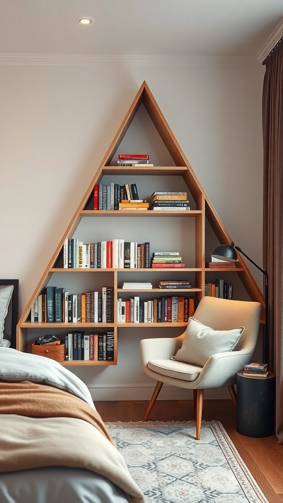 A triangular corner bookshelf filled with books, next to a cozy chair in a bedroom setting.