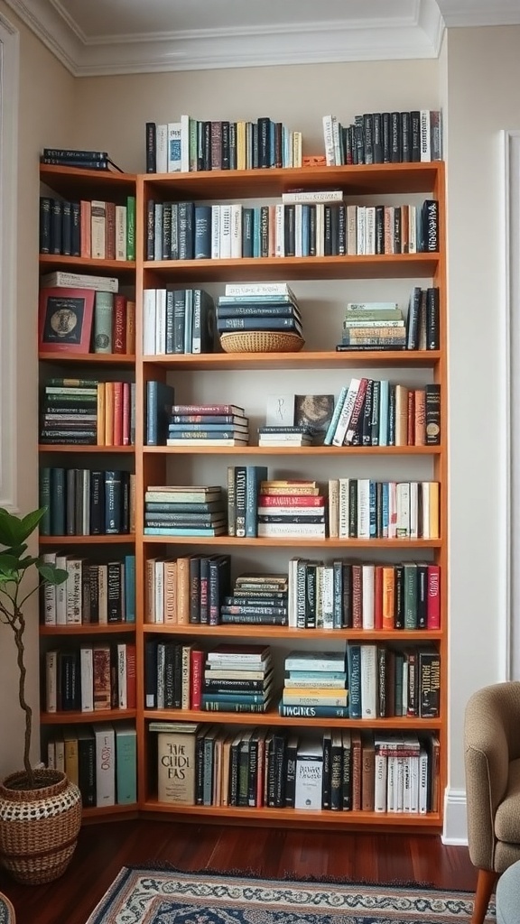 A corner bookshelf filled with various books and decorative items, enhancing the room's decor.