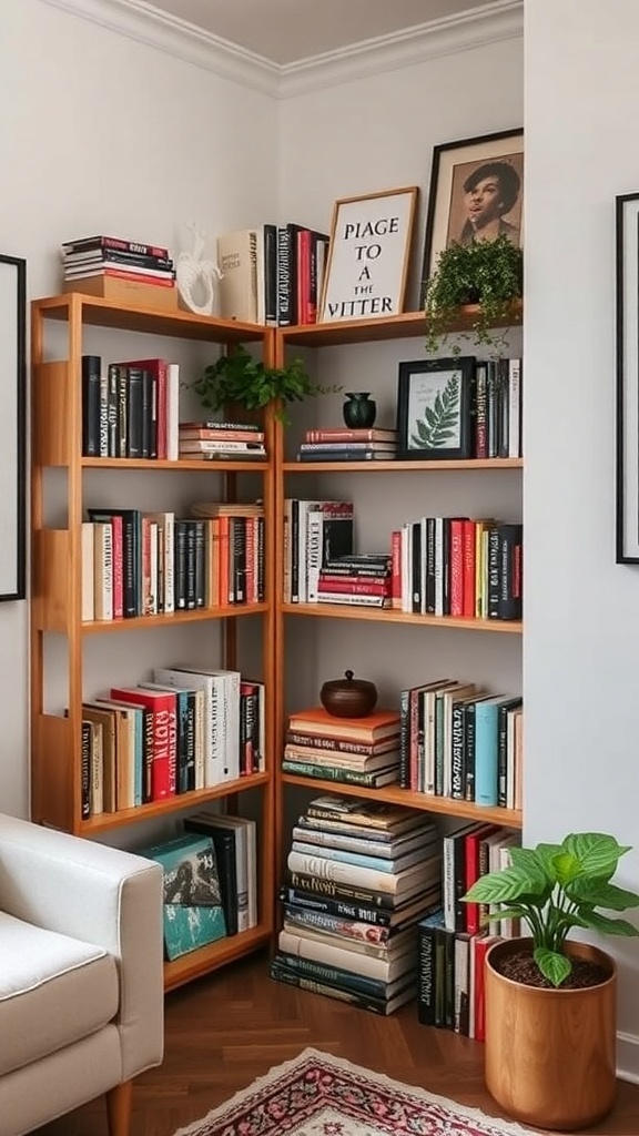 A stylish corner bookshelf filled with books and decorative items, showcasing a cozy reading nook.