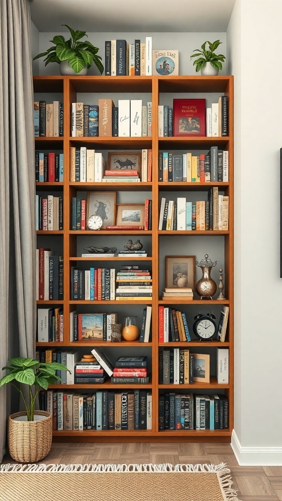 A corner bookshelf filled with books, decorative items, and plants, showcasing an organized and cozy space.