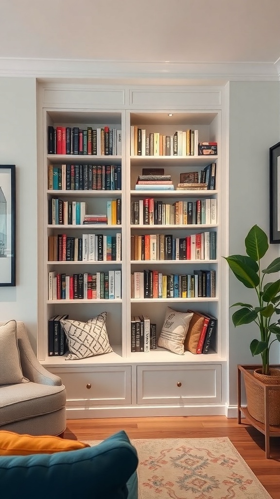 A corner bookshelf filled with books, accompanied by a cozy chair and decorative pillows.