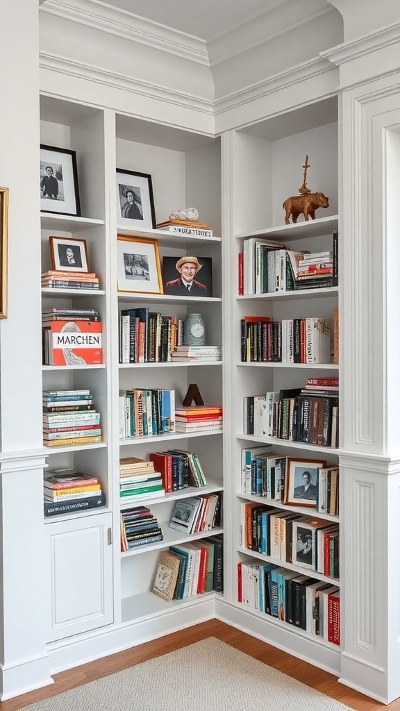 A stylish corner bookshelf filled with books and decorative items, showcasing an organized and inviting space.