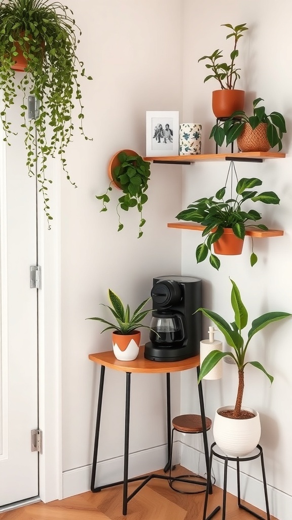 A cozy corner coffee station featuring a coffee maker, wooden table, and various plants.