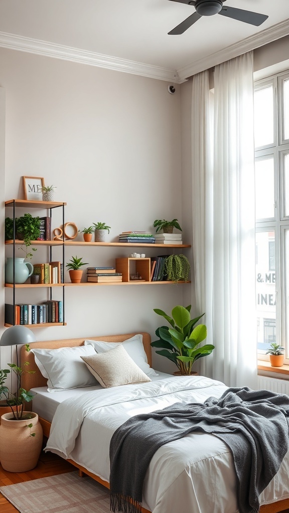 Cozy bedroom featuring corner shelves with books and plants