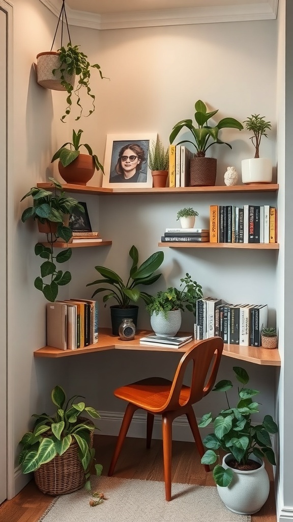 A cozy corner with wooden corner shelves filled with plants, books, and a framed photo, complemented by a chair.