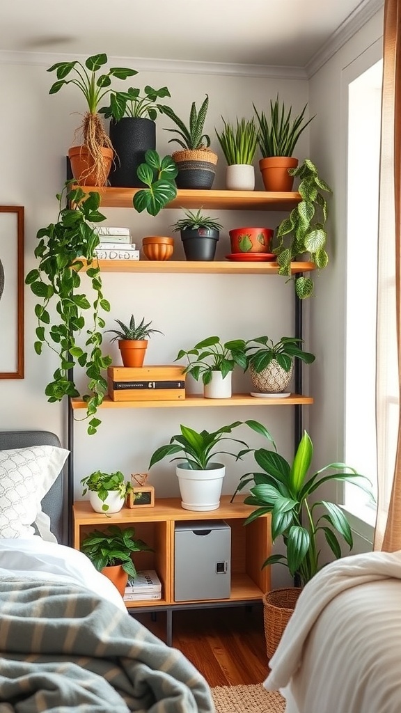 A corner shelving unit filled with various plants and decorative items in a cozy bedroom.