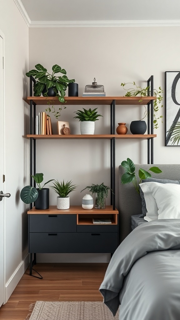 A modern corner shelving unit with plants and decorative items in a small bedroom.