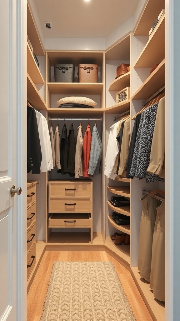 A well-organized corner walk-in closet with shelves, drawers, and hanging clothes.