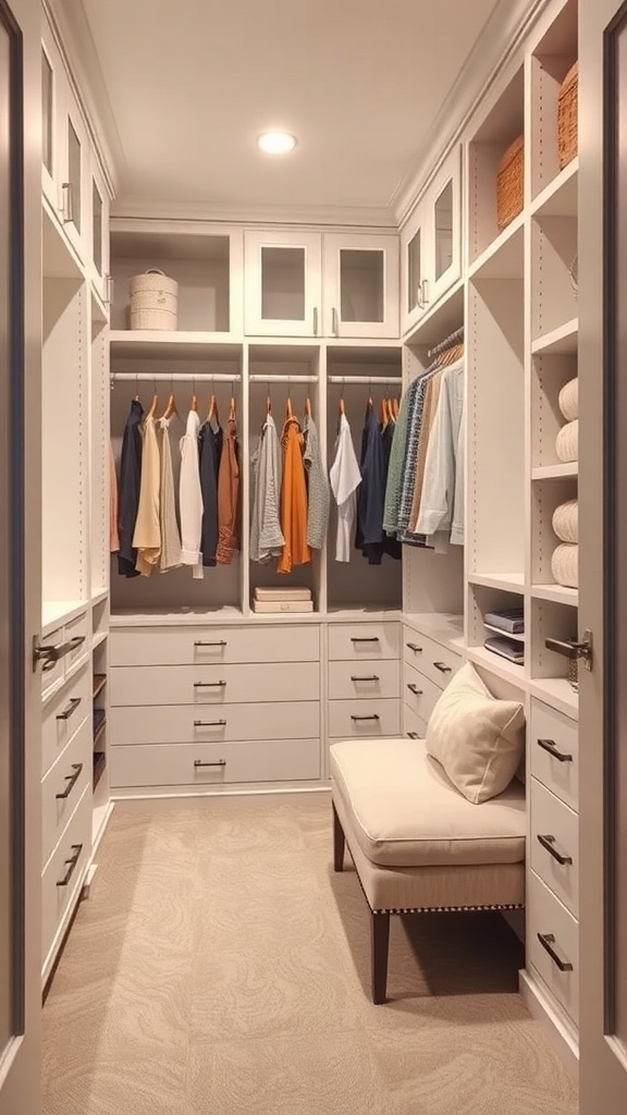 A cozy corner walk-in closet featuring shelves, hanging clothes, and a comfortable chair.