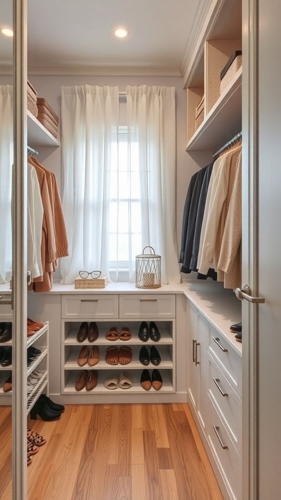 A corner walk-in closet featuring dual shoe storage with neatly arranged shoes and clothing, illuminated by natural light.