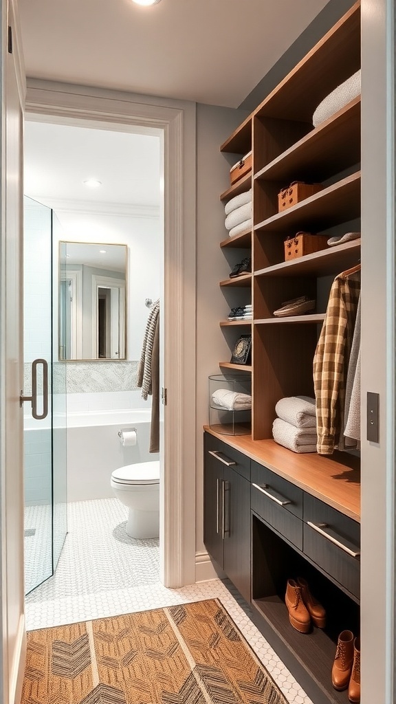 A corner walk-through closet leading to a bathroom, featuring shelves, drawers, and a glass shower.