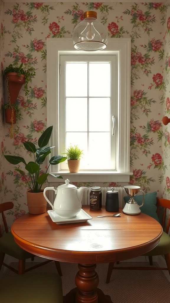 A charming cottage-style coffee nook with floral wallpaper, a wooden table, and coffee accessories.