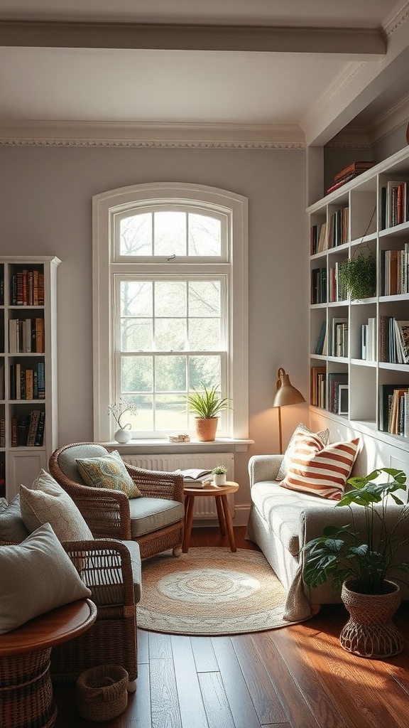 A cozy reading nook with a comfortable chair, soft cushions, and warm lighting.