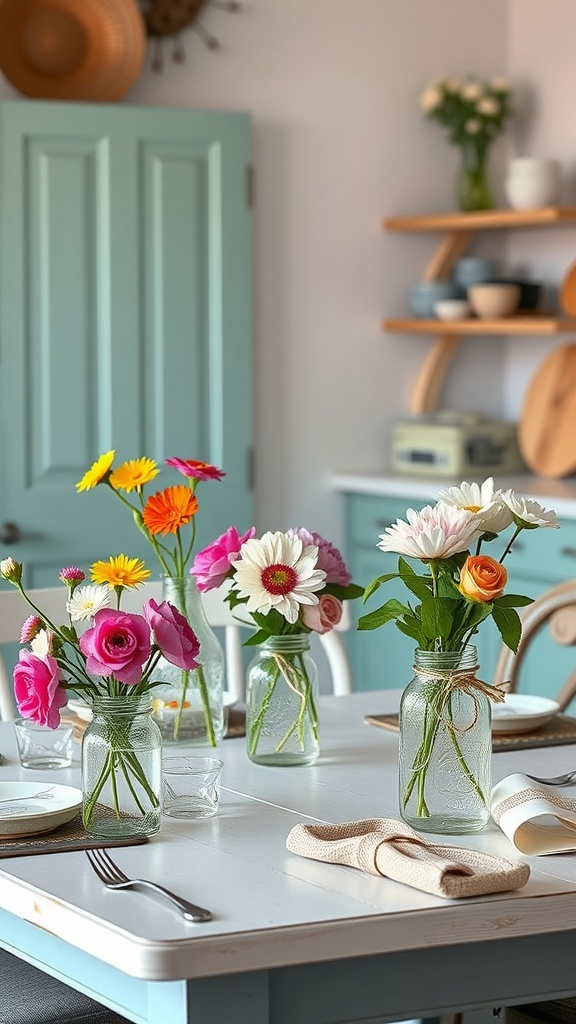 A cozy dining table with colorful floral arrangements in mason jars.