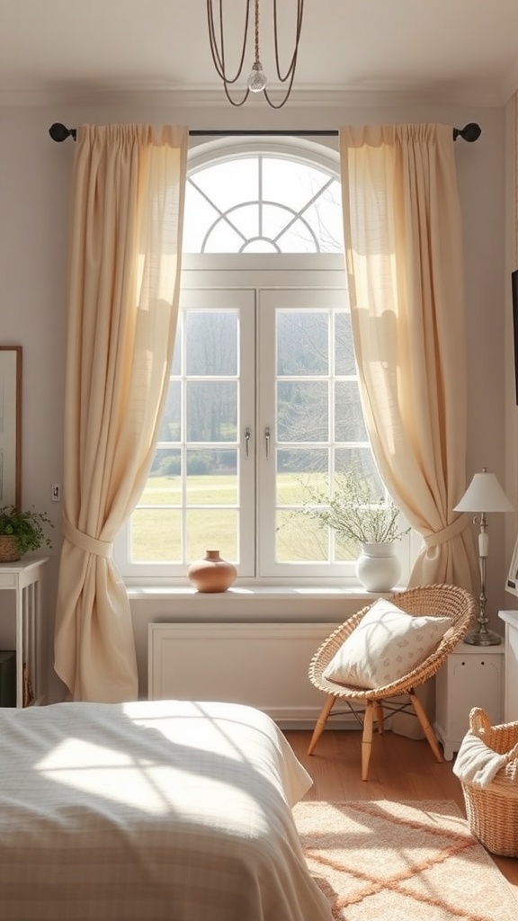 A cozy bedroom with light curtains framing a large window, showcasing a serene view.