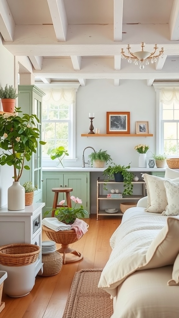 A cozy cottage interior featuring soft greens, warm whites, and natural textures.