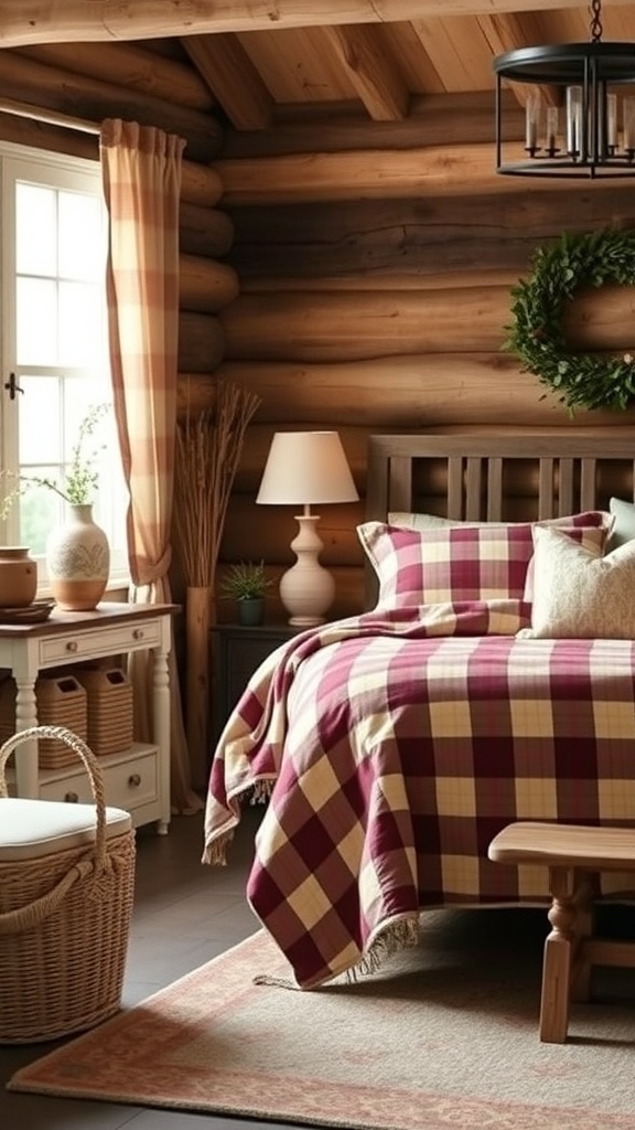 Cozy bedroom with plaid bedding and rustic decor