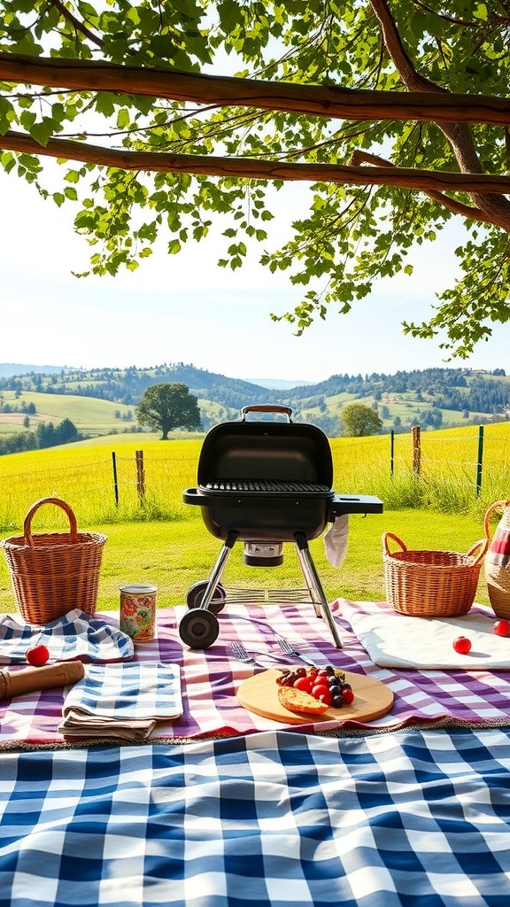 A countryside picnic grill setup with a grill, checkered blankets, and wicker baskets under a tree.