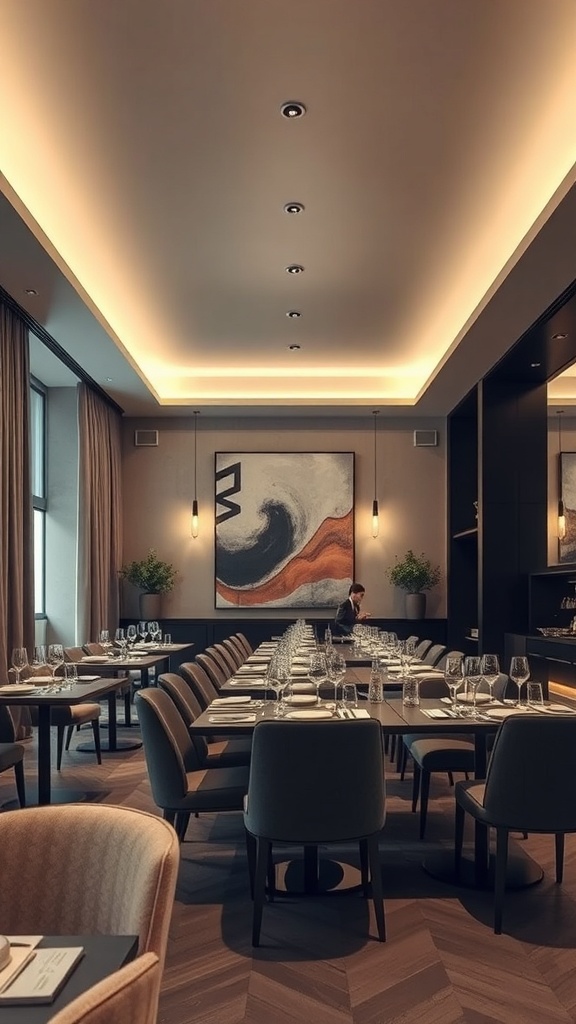 Elegant dining area with cove lighting illuminating the ceiling