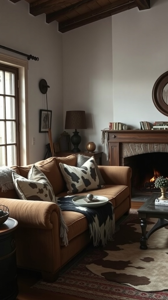 A cozy living room featuring a cowhide throw blanket on a sofa, with decorative pillows and a warm fireplace.