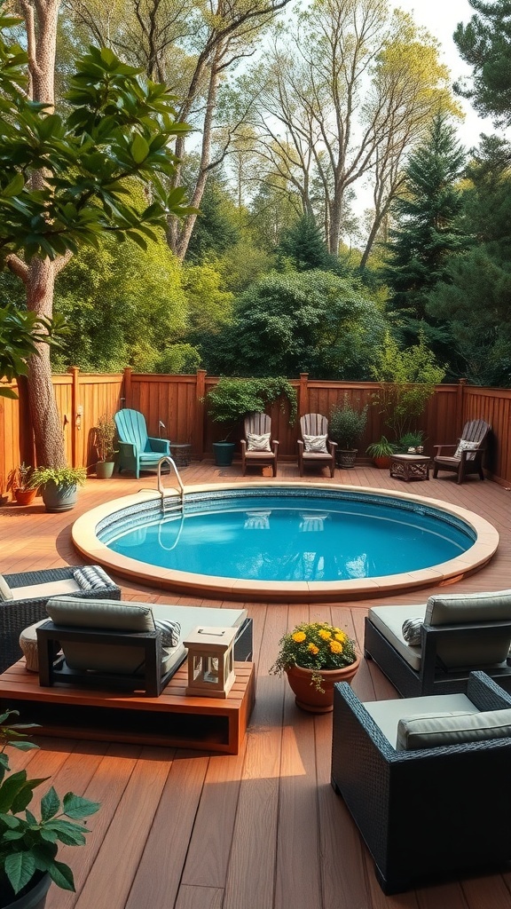 Cozy above-ground pool surrounded by seating and greenery