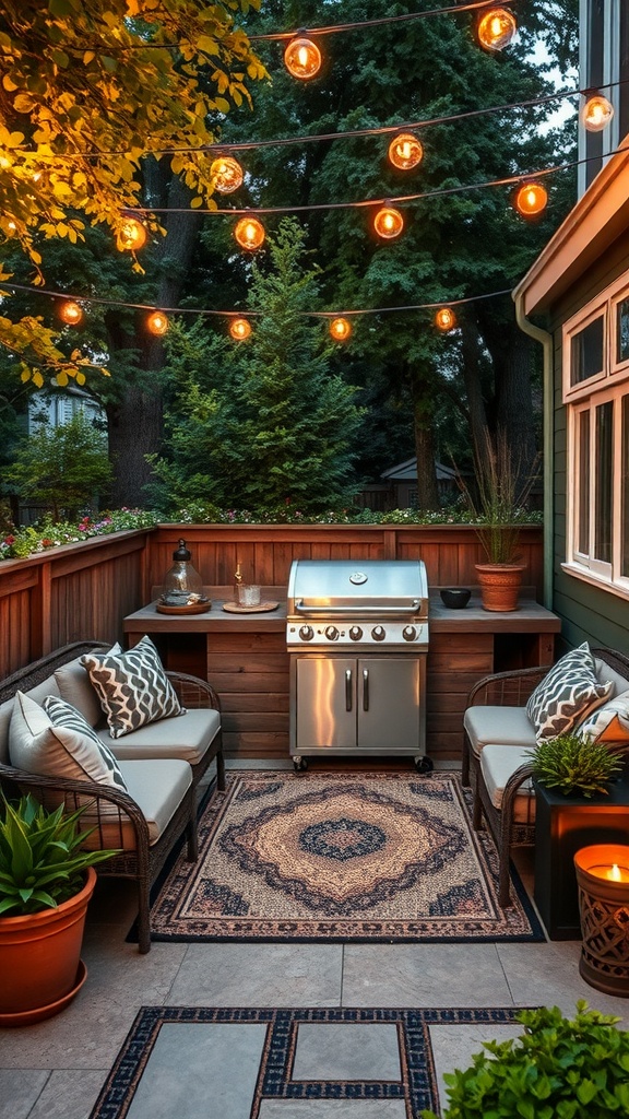 A cozy backyard grill setup with comfortable seating, a grill, and string lights.