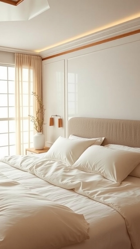 A cozy Japandi bedroom featuring soft neutral bedding and pillows, creating a serene and inviting atmosphere.
