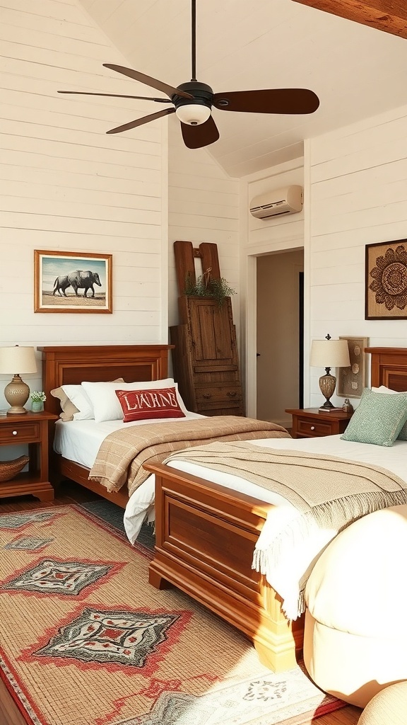 Cozy rustic farmhouse bedroom with wooden furniture, soft linens, and warm lighting