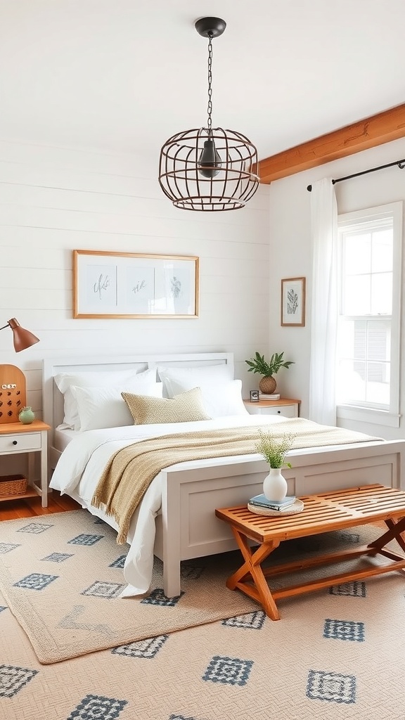 Cozy bedroom with white bed, warm throw, wooden bench, and modern pendant light