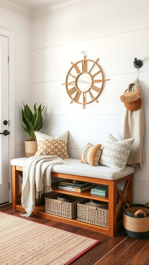 Cozy entryway bench with storage and decorative pillows.