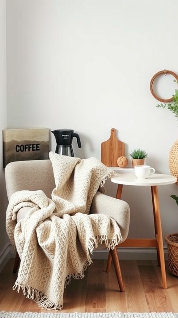 A cozy chair with a blanket, coffee pot, and a small table with a cup of coffee.