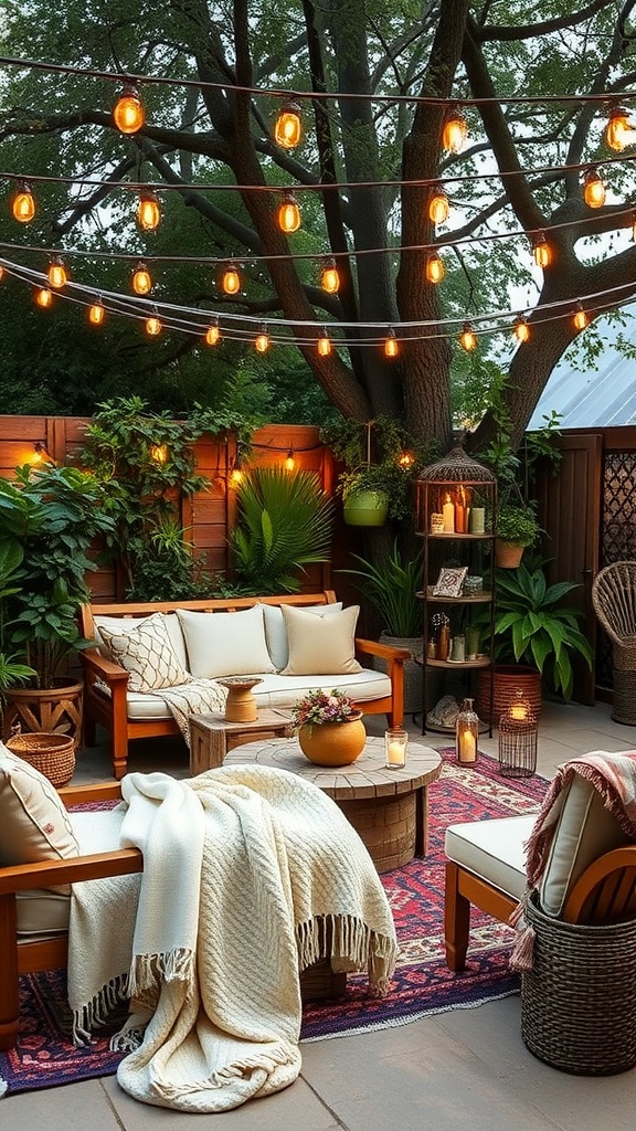 Cozy outdoor patio with blankets and throws, perfect for evening relaxation.