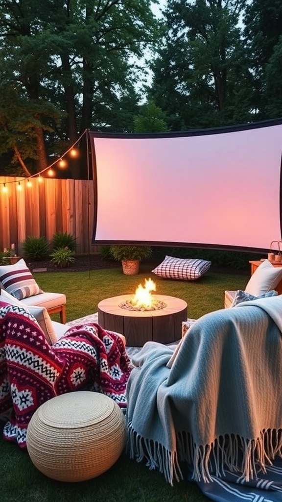 Cozy outdoor cinema setup with blankets, chairs, and a fire pit