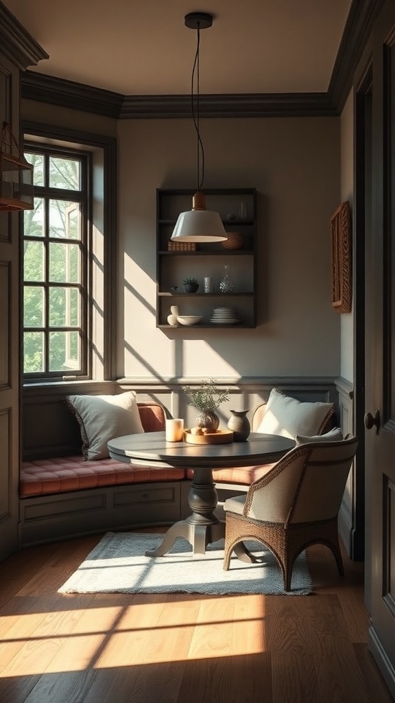 A cozy breakfast nook with a corner bench, round table, and natural light.