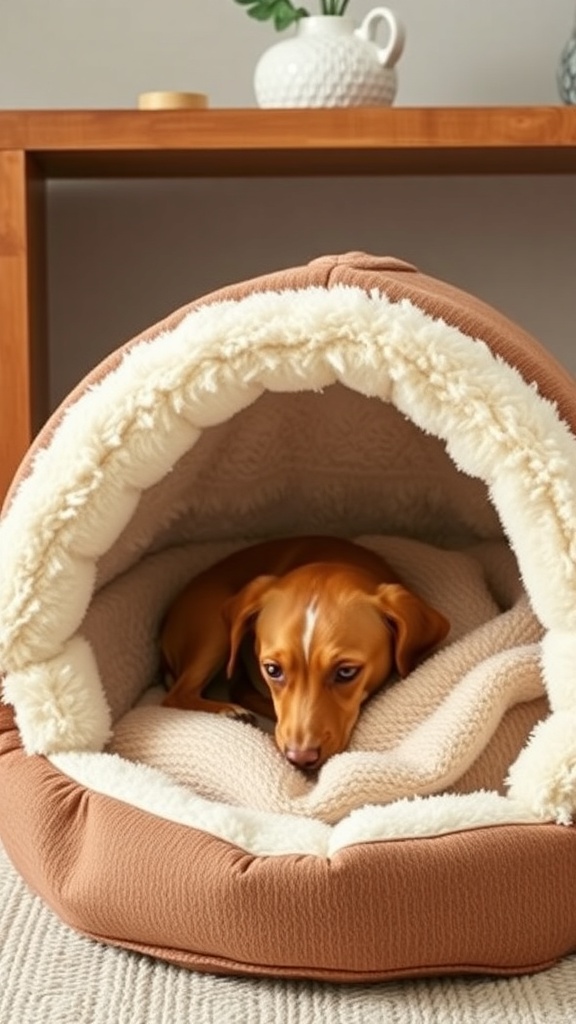 A small dog resting inside a cozy cave bed, looking comfortable and relaxed.