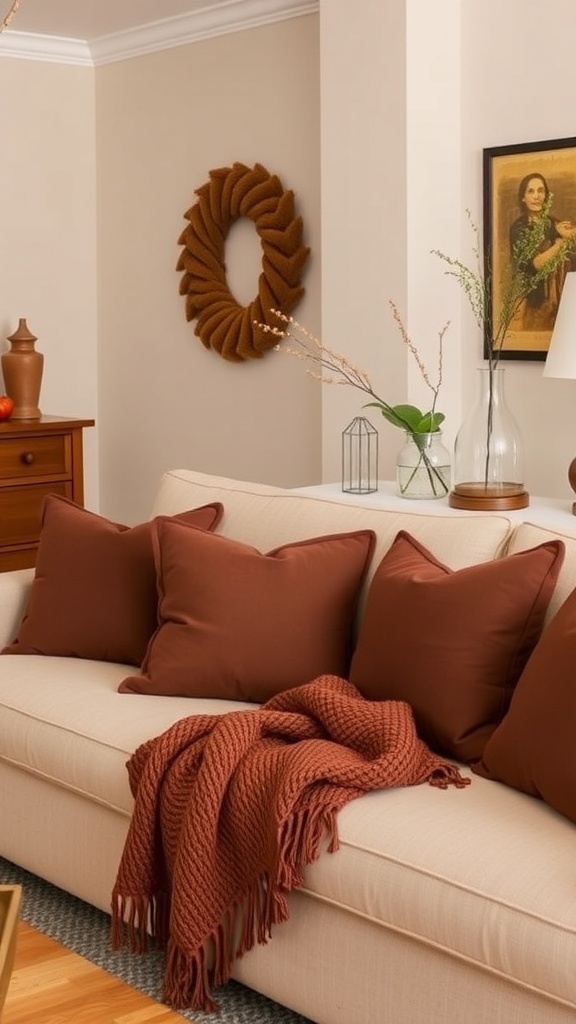 Cozy living room with chocolate brown accents, including pillows and a blanket on a sofa.