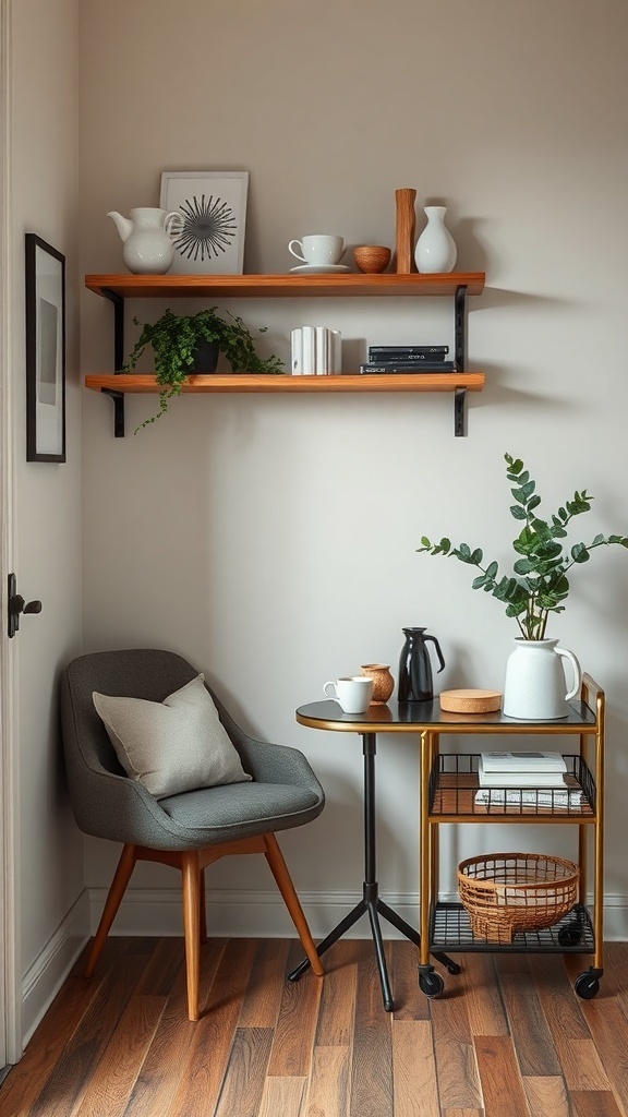 A cozy coffee nook featuring a gray chair, wooden shelves with plants and ceramics, and a small table with coffee accessories.