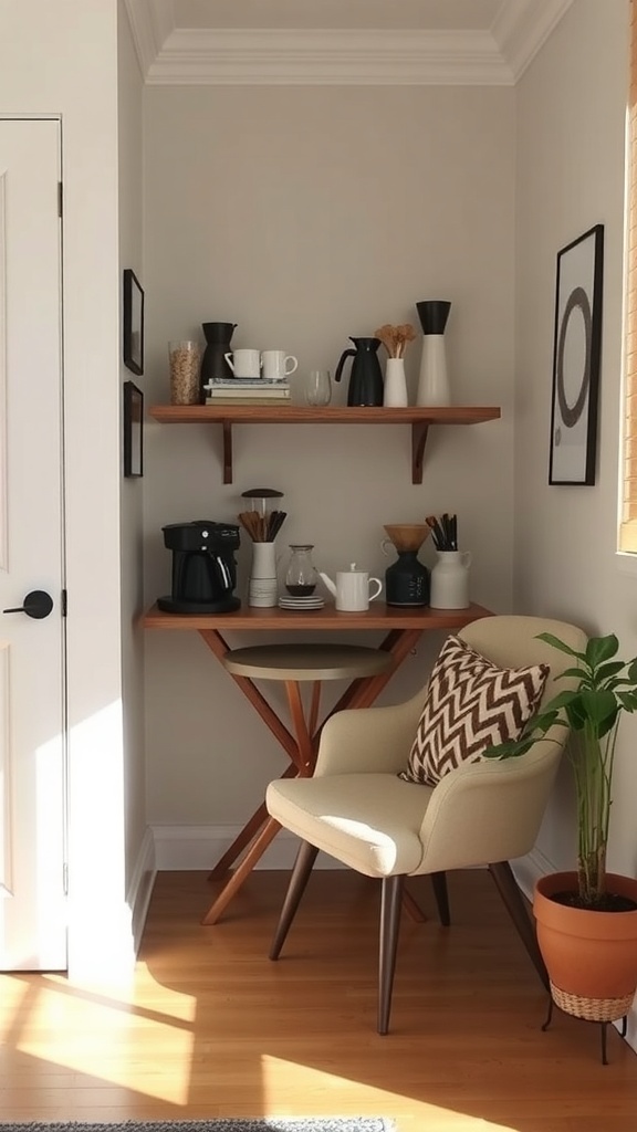 A cozy coffee nook with a wooden table, chair, and neatly arranged coffee essentials on shelves.