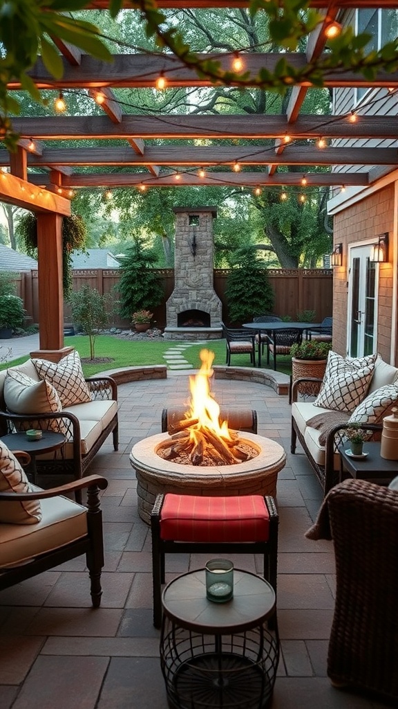 A cozy outdoor seating area with a fire pit, surrounded by comfortable chairs and warm lighting.