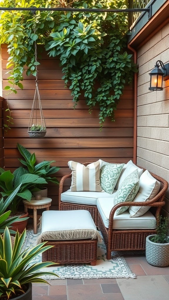 A cozy corner nook with a wicker sofa, cushions, and plants, creating a relaxing outdoor space.