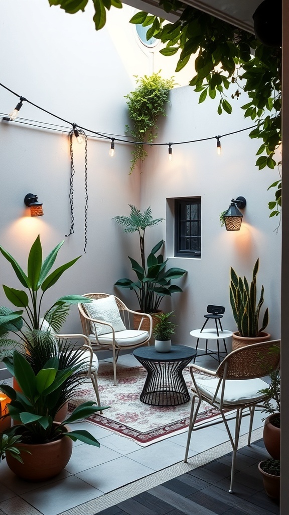 A minimalist patio corner with wooden chairs, a round table, and potted plants.
